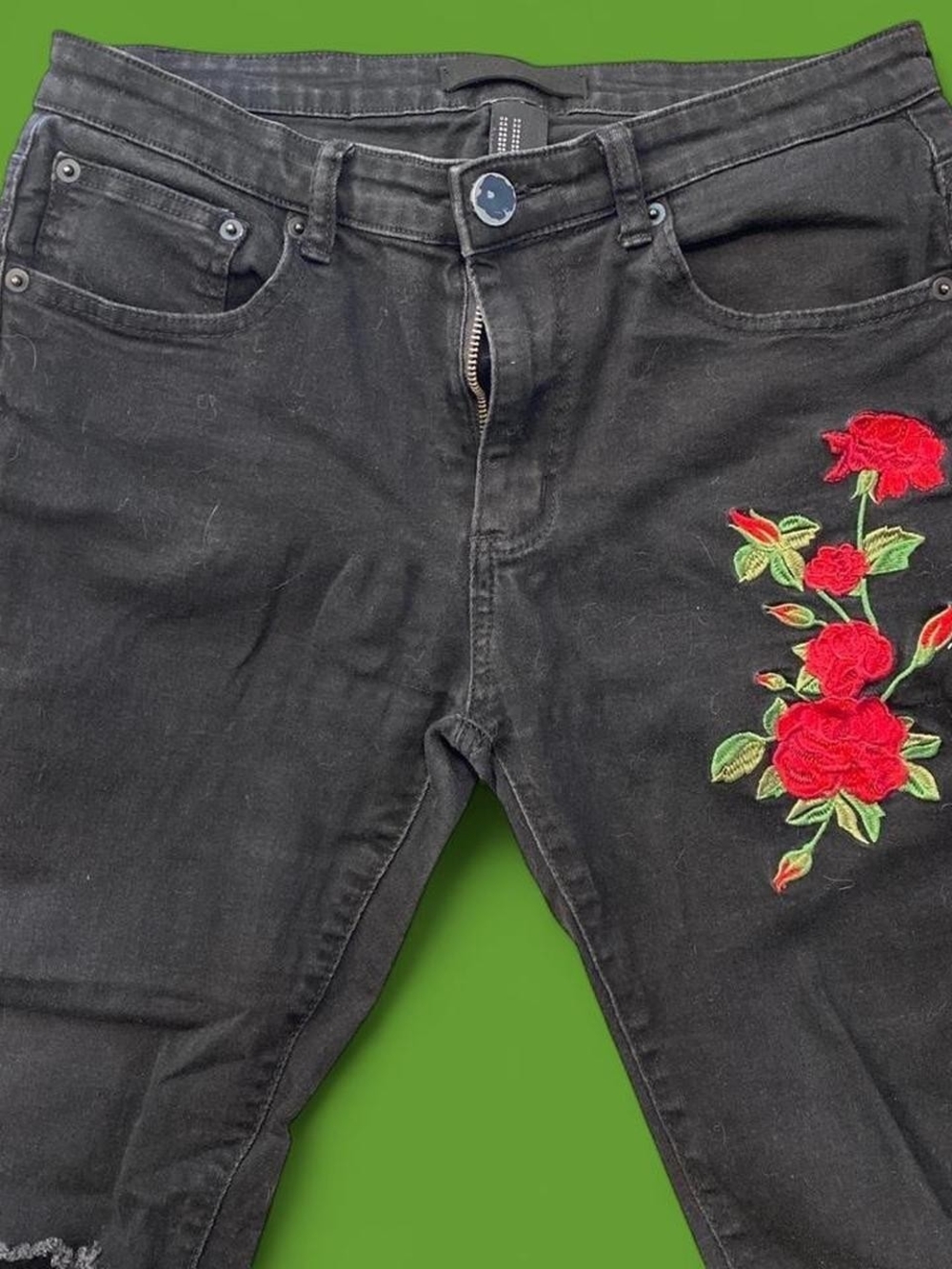 Forever 21 Black Skinny Jeans with Red Rose Embroidery - Picture 4 of 7